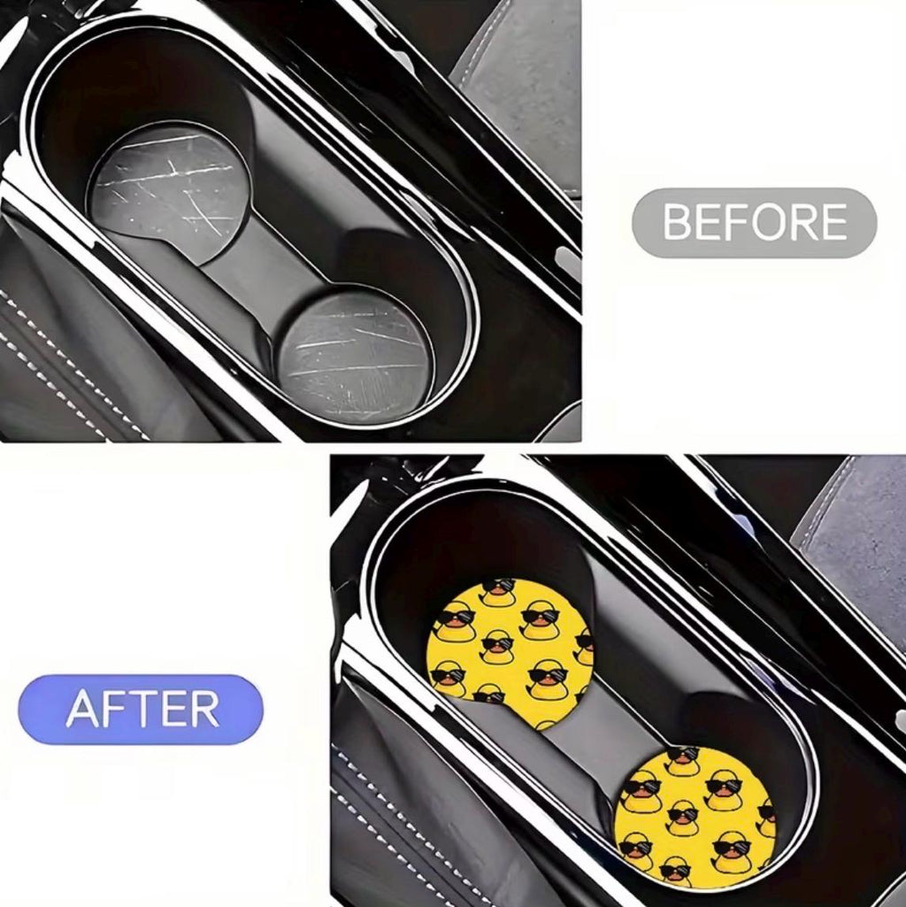 Set of 2 Yellow Duck Car Coasters, Sunglasses Duck Cup Holder Inserts, Absorbent Accessories