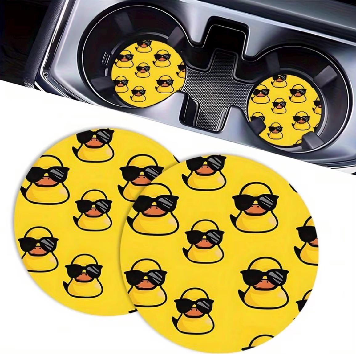Set of 2 Yellow Duck Car Coasters, Sunglasses Duck Cup Holder Inserts, Absorbent Accessories