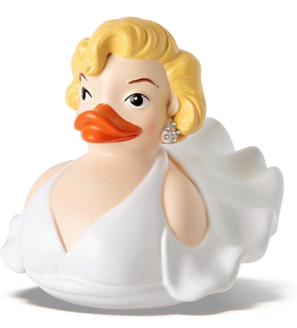 Large Resin -Marilyn Monroe Duck Figurine, White Dress, Blonde Hair, Pearl Earrings, Collectible Resin Toy