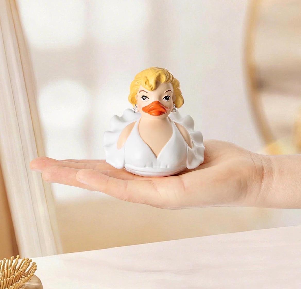 Large Resin -Marilyn Monroe Duck Figurine, White Dress, Blonde Hair, Pearl Earrings, Collectible Resin Toy