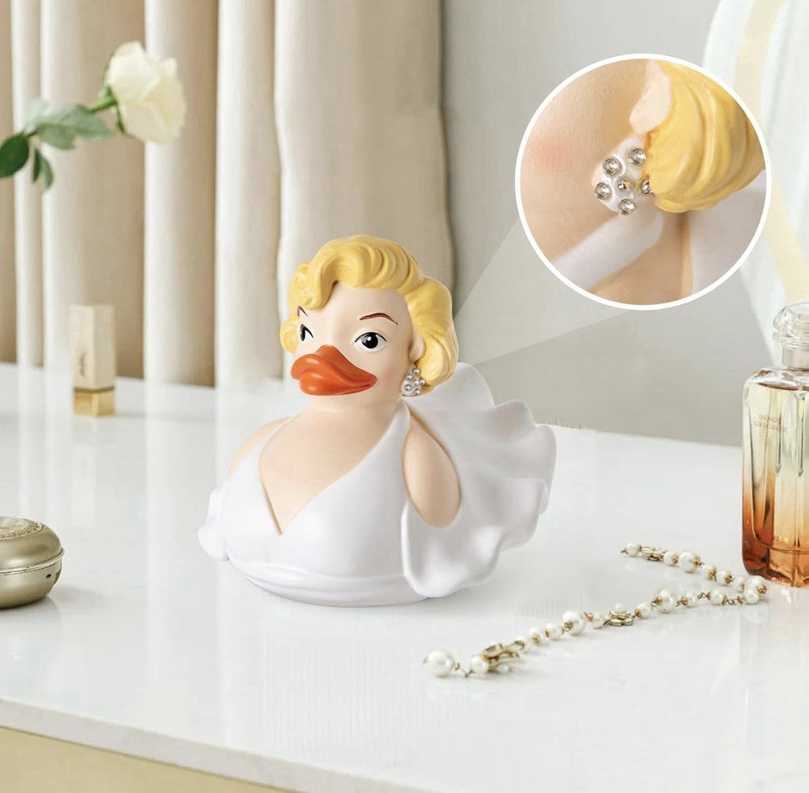 Marilyn Monroe Duck Figurine,White Dress with Rhinestones