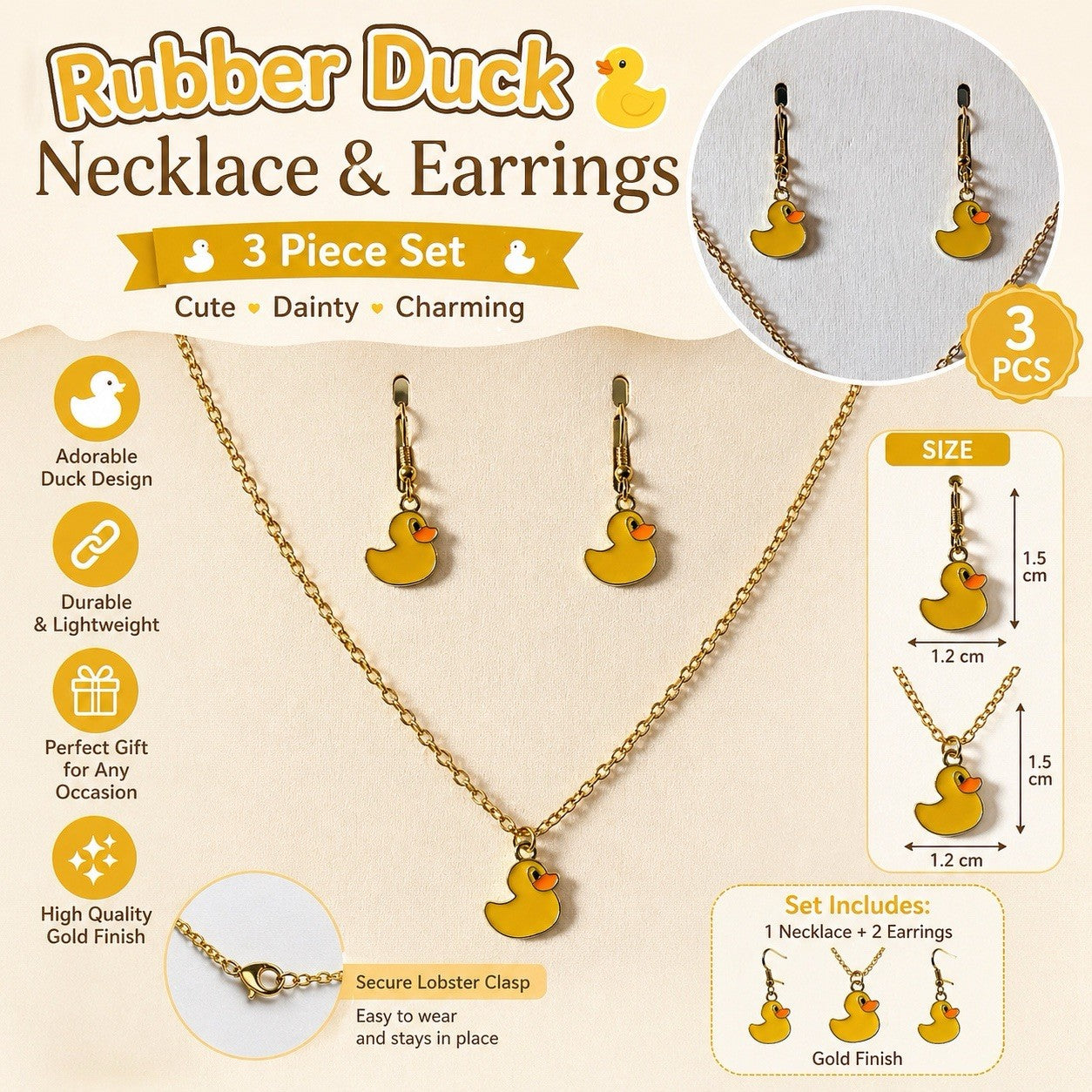 Duck Necklace & Earrings Set – Gold Toned Jewelry, 3pc, Rubber Duck Charm