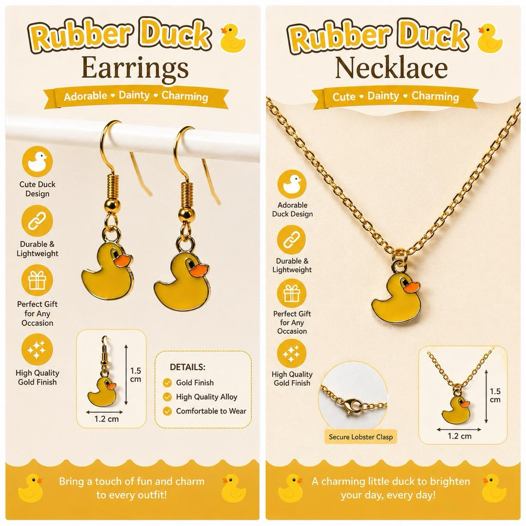 Duck Necklace & Earrings Set – Gold Toned Jewelry, 3pc, Rubber Duck Charm