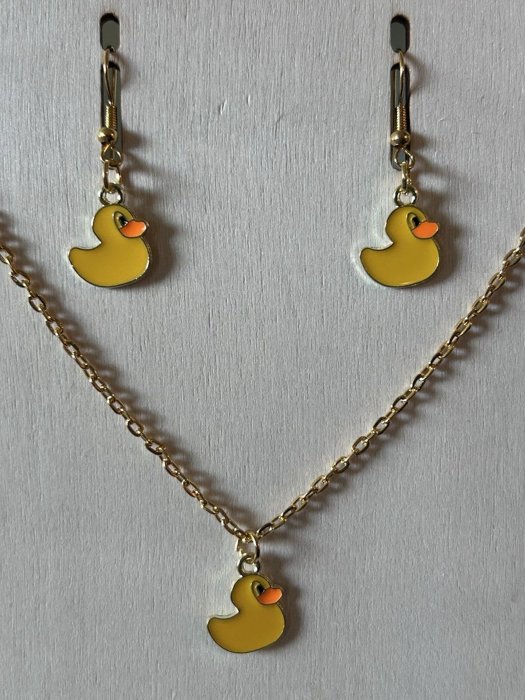 Duck Necklace & Earrings Set – Gold Toned Jewelry, 3pc, Rubber Duck Charm
