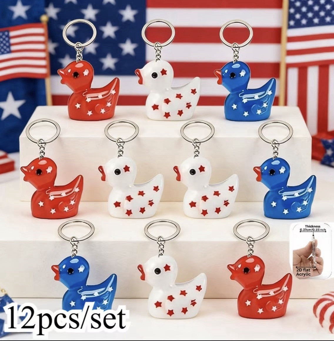 12pc Patriotic Duck Keychains  | 2D Flat Acrylic Rubber Ducks Cruise & Jeep Duck