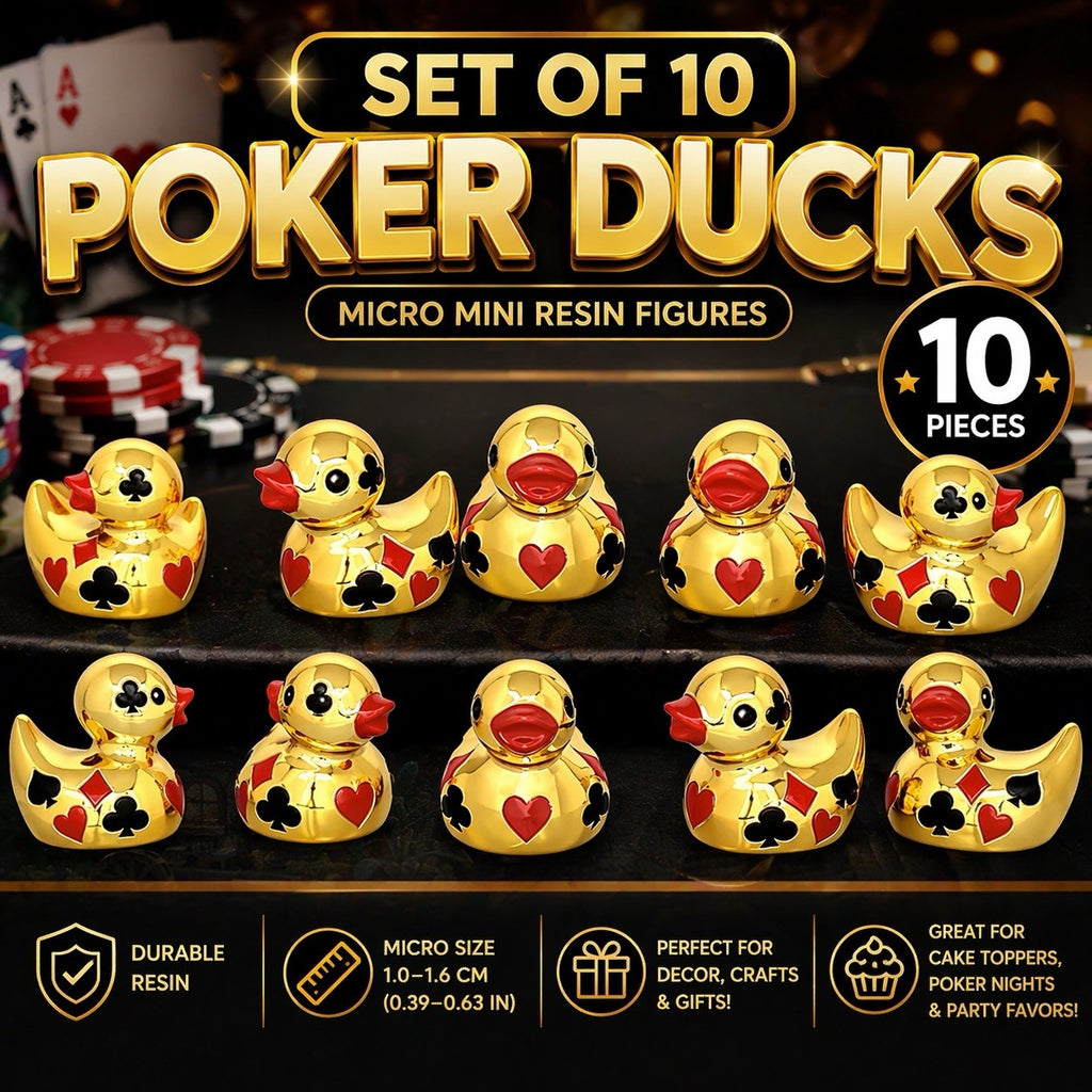 Set of 10 Gold Poker Casino Ducks | Card Suit Rubber Ducks | Mini Resin Ducks
