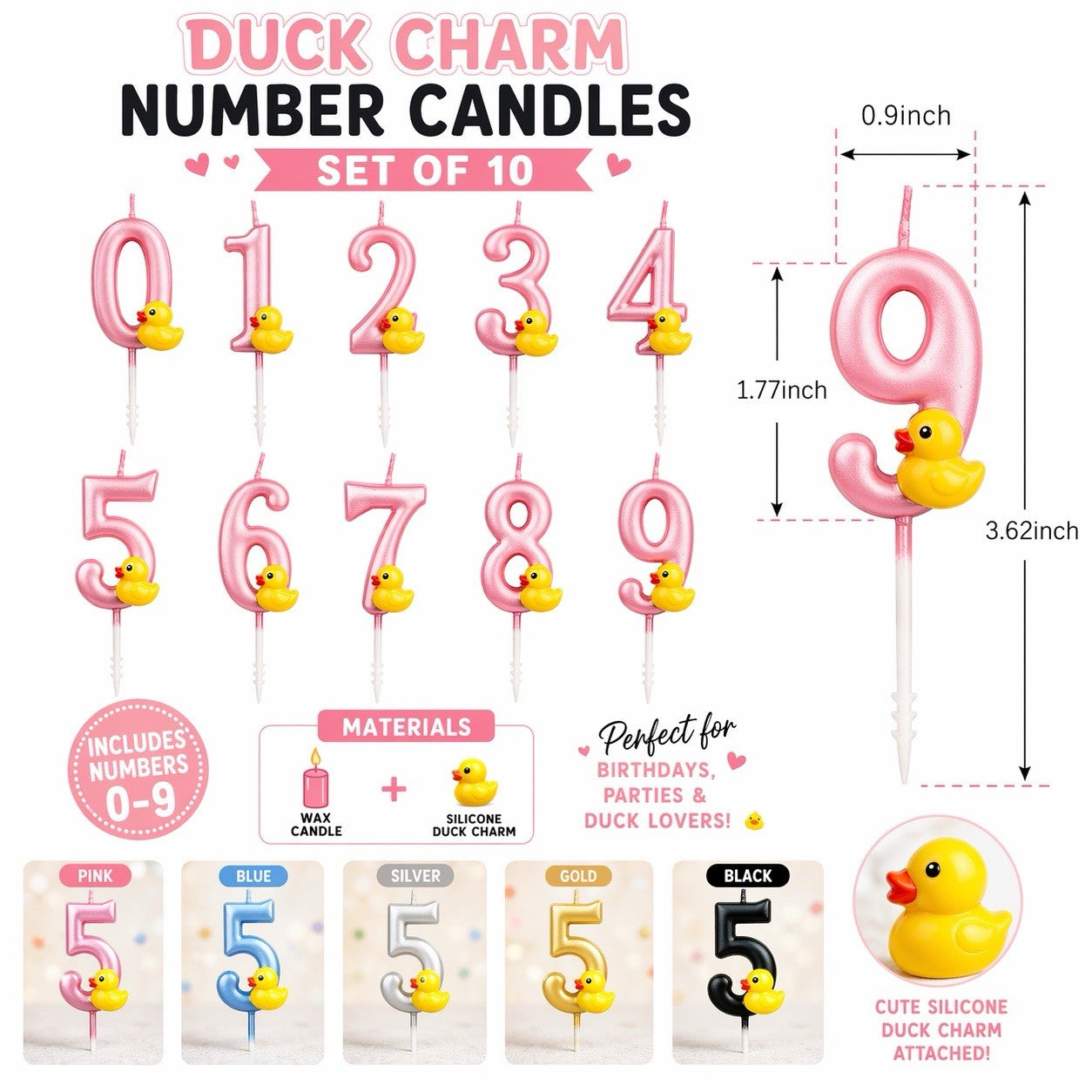 Pink Rubber Duck Charm Number Candles Set 0–9 Birthday Candles