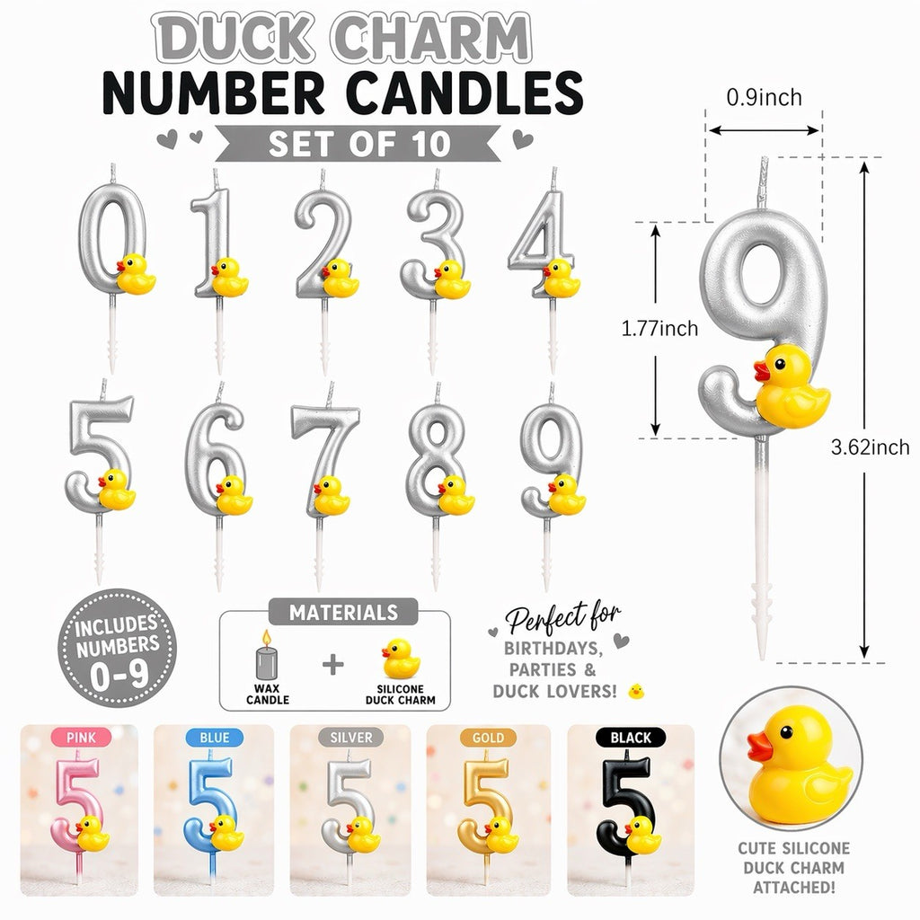 Silver Rubber Duck Charm Number Candles Set 0–9 Birthday Candles