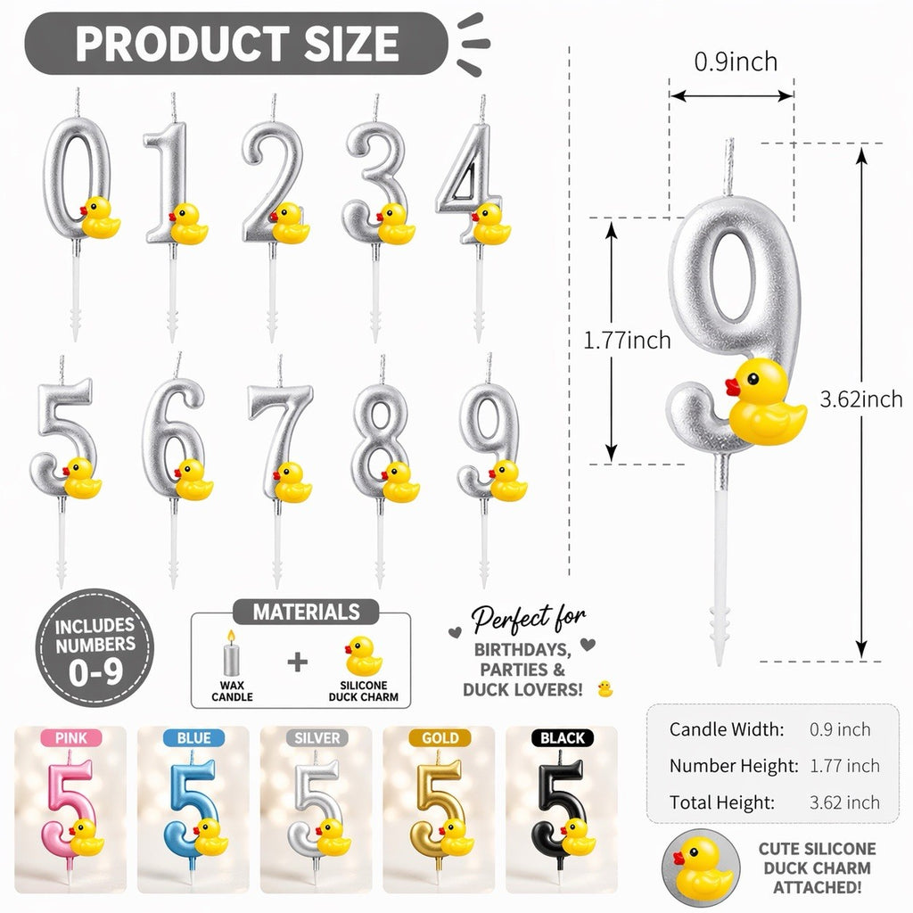 Silver Rubber Duck Charm Number Candles Set 0–9 Birthday Candles
