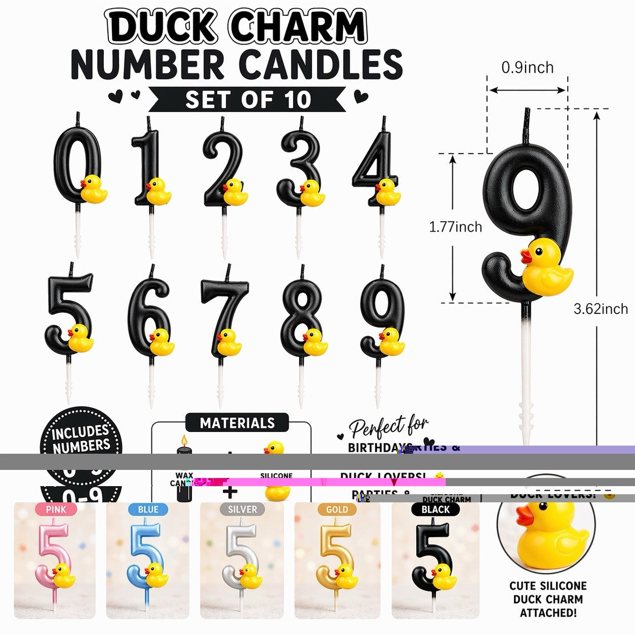 Black Rubber Duck Charm Number Candles Set 0–9 Birthday Candles
