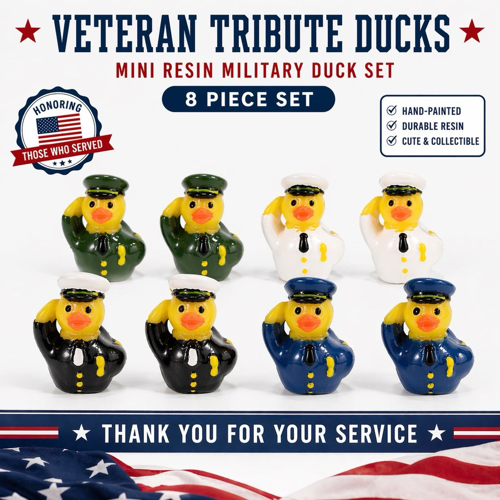 Military Tribute Mini Duck Set – 8 Pcs Resin Veteran Ducks Patriotic Cruise Jeep