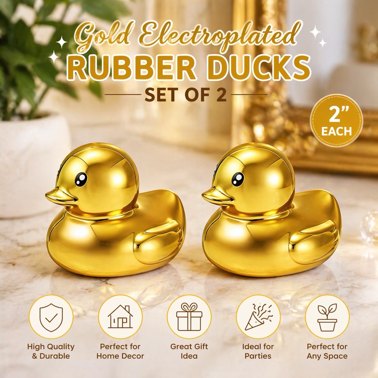 Set of 2 Gold Rubber Ducks – 2” Electroplated Mini Ducks –  Jeep Cruise Duck