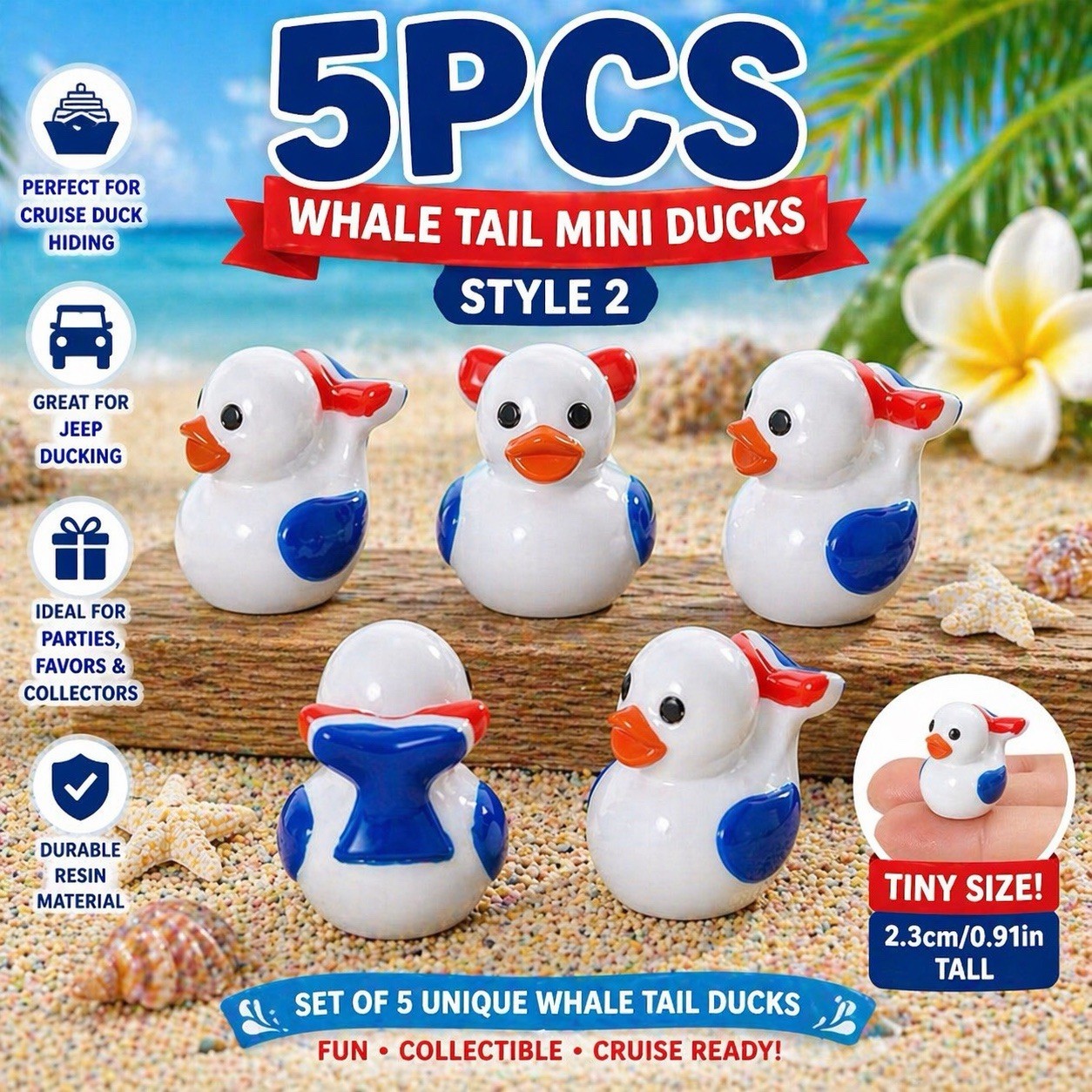 Set of 5 Mini Resin Sailor Ducks - Carnival Inspired Ducks Whales Tail (Style 2)