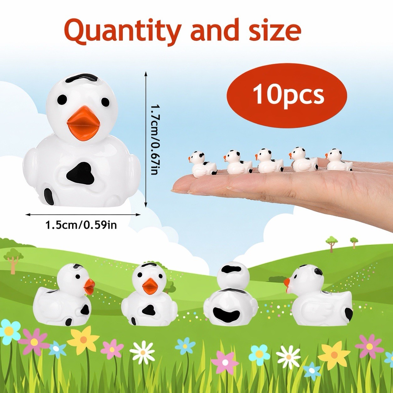 10pcs Cow Print Mini Ducks – Black and White Resin Cow Ducks