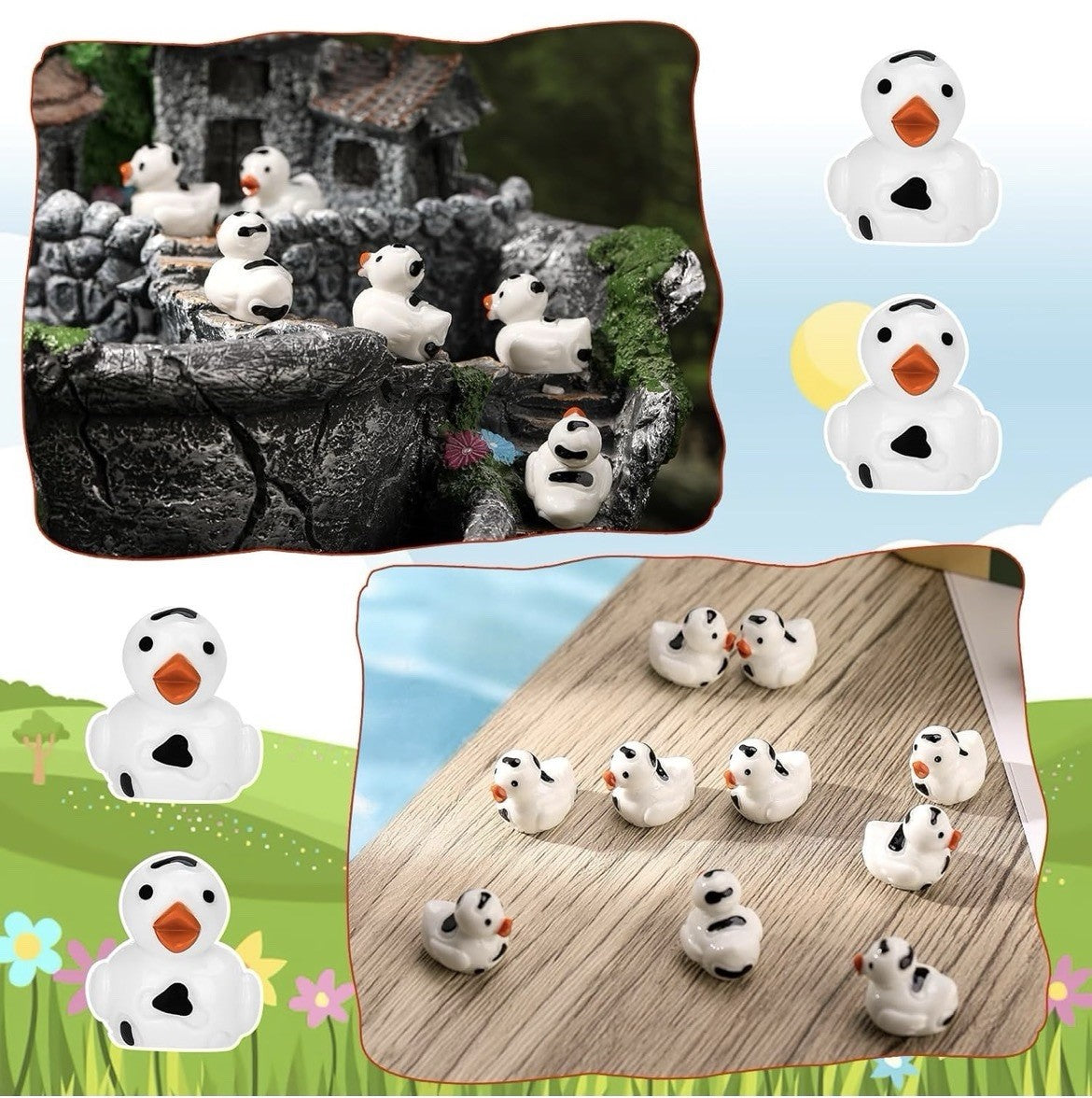 10pcs Cow Print Mini Ducks – Black and White Resin Cow Ducks