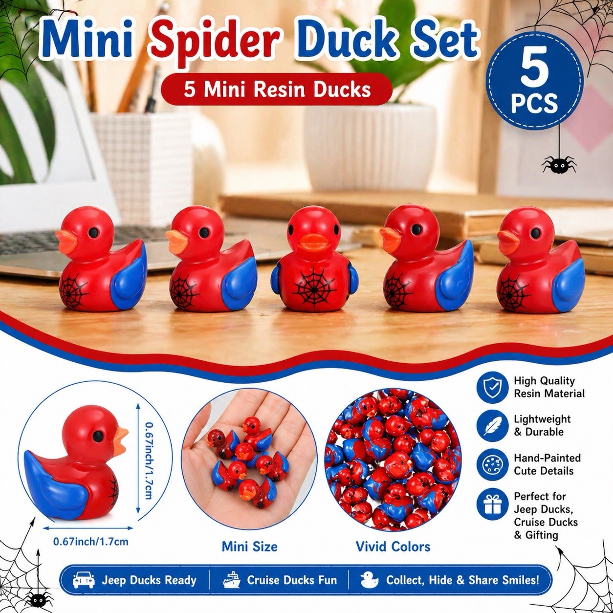Mini Spider Hero Duck Set – 5pcs Red & Blue Resin Ducks, Jeep Ducks, Cruise Duck