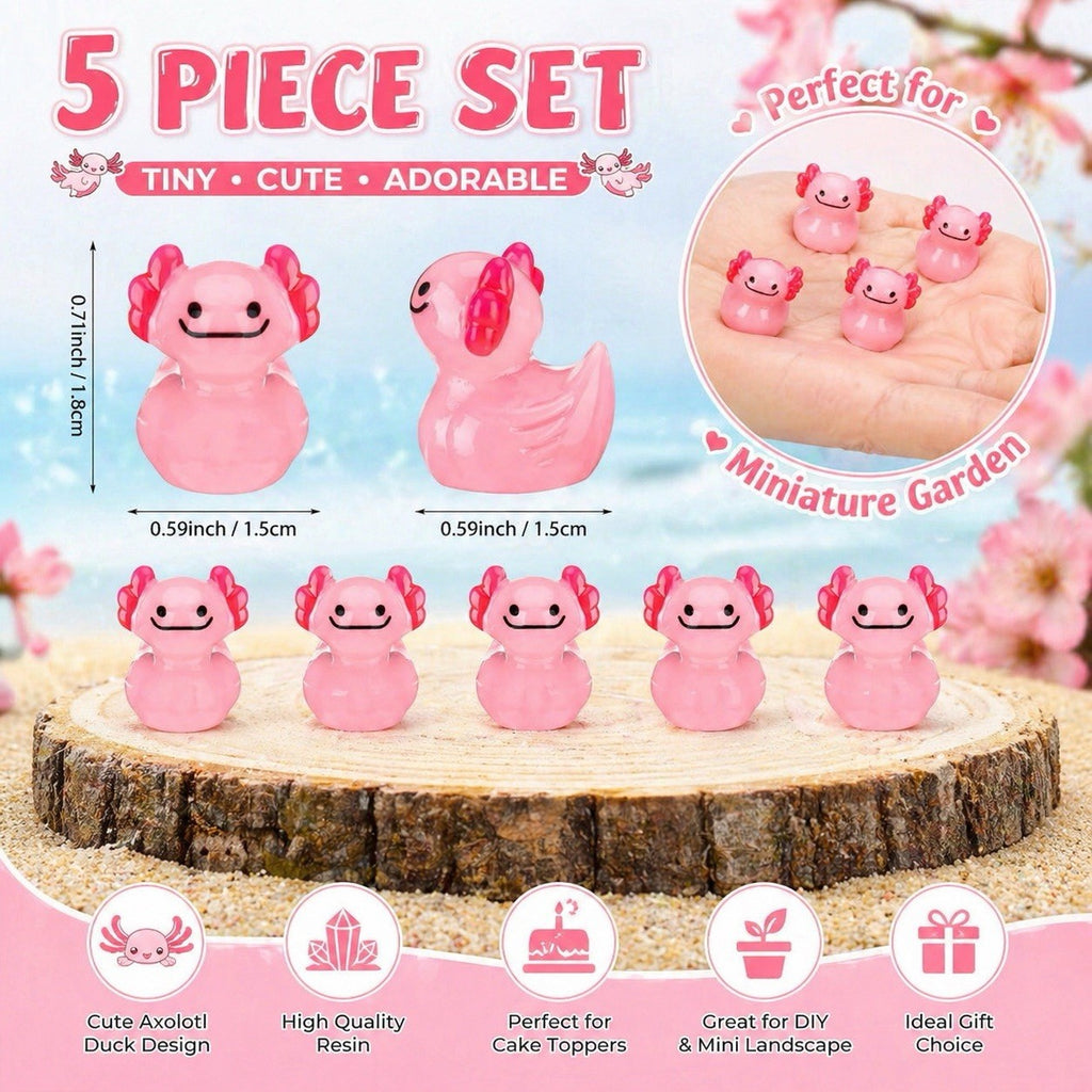 Mini Axolotl Duck Set 5pc Cute Resin Ducks Cake & Garden Decor