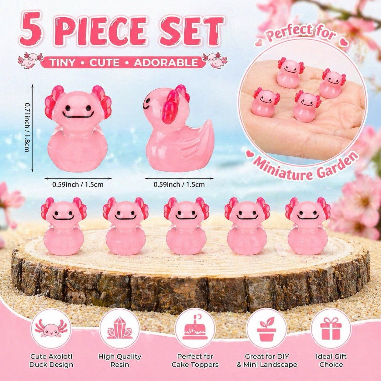 Mini Axolotl Duck Set 5pc Cute Resin Ducks Cake & Garden Decor