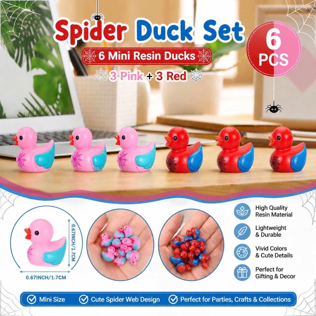 Spider Hero Duck Set – 6pcs Mini Resin Ducks (3 Pink + 3 Red), Jeep Cruise Duck