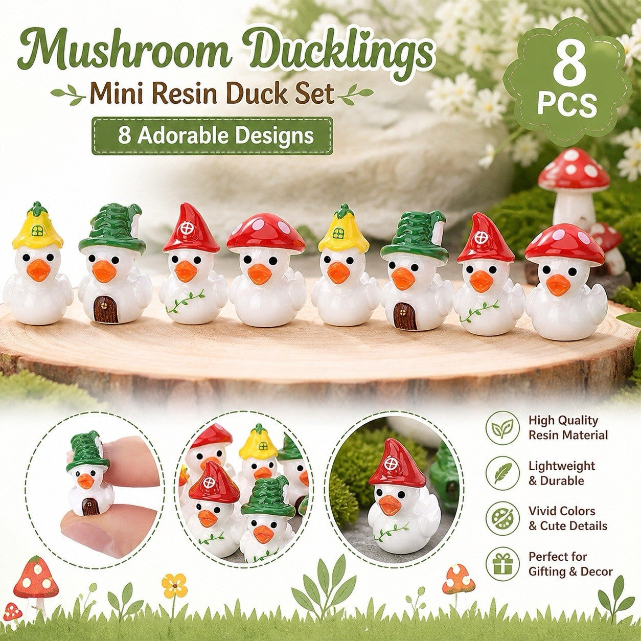8pc Mini Mushroom Duck Set – Resin Fairy Garden Ducks