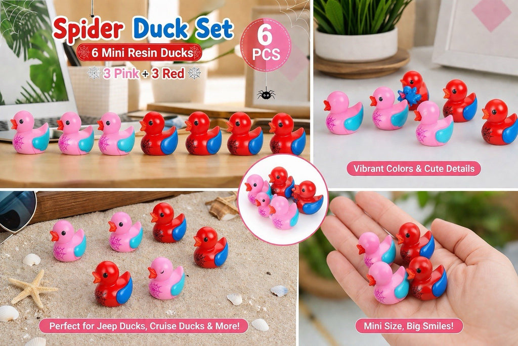 Spider Hero Duck Set – 6pcs Mini Resin Ducks (3 Pink + 3 Red), Jeep Cruise Duck