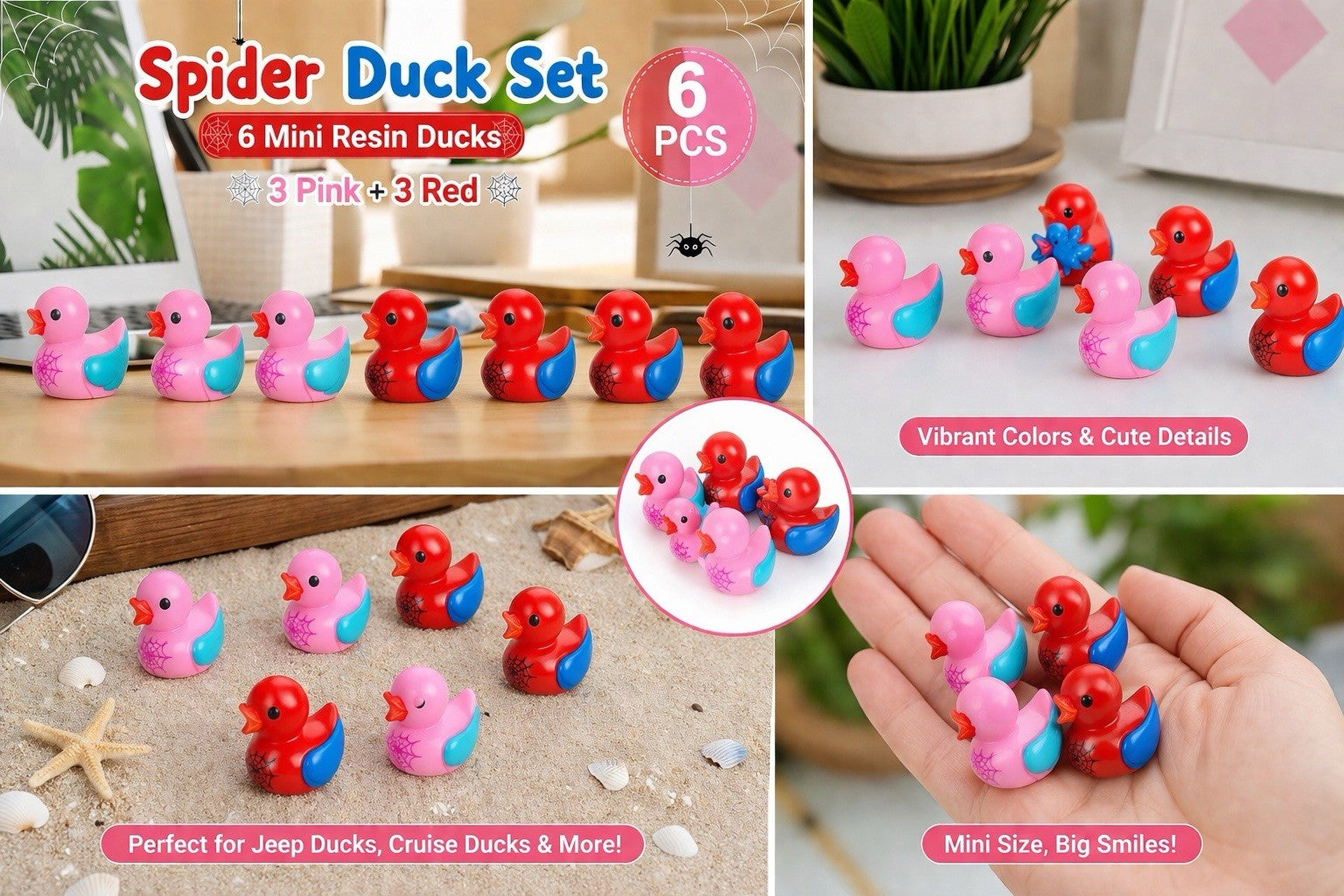 Spider Hero Duck Set – 6pcs Mini Resin Ducks (3 Pink + 3 Red), Jeep Cruise Duck