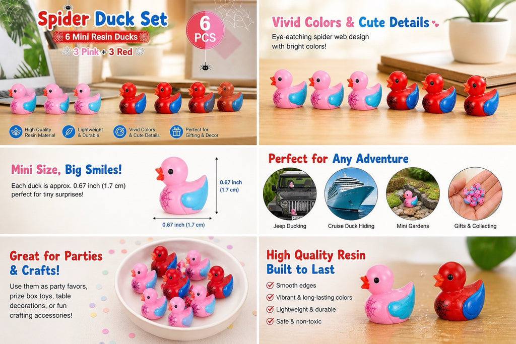 Spider Hero Duck Set – 6pcs Mini Resin Ducks (3 Pink + 3 Red), Jeep Cruise Duck