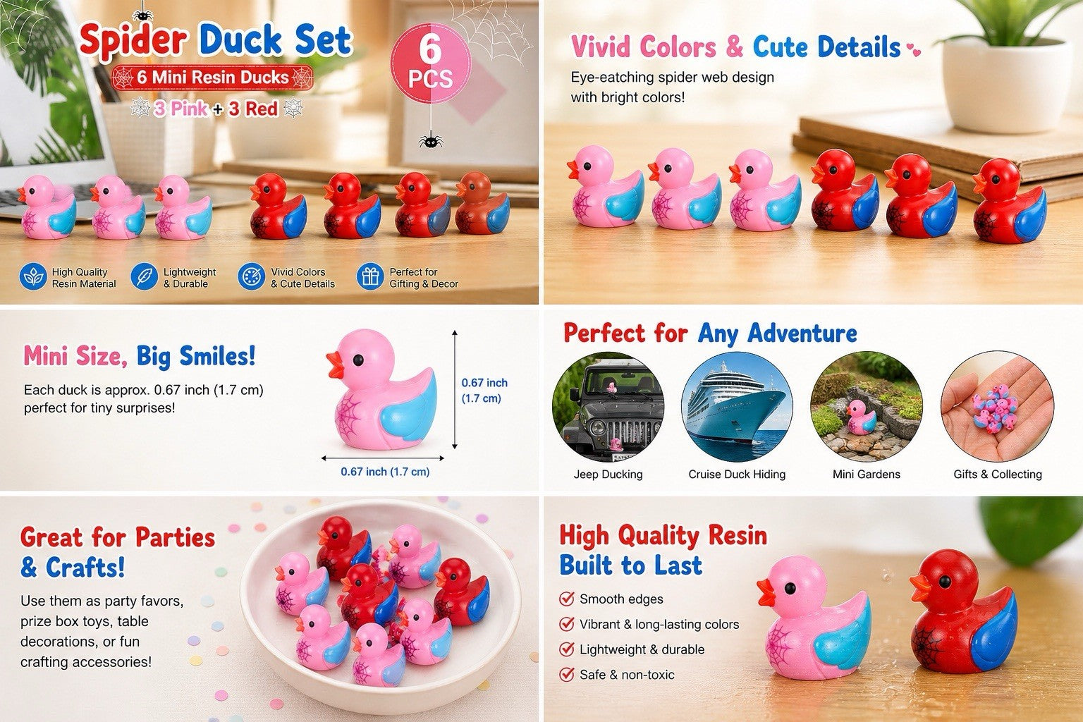 Spider Hero Duck Set – 6pcs Mini Resin Ducks (3 Pink + 3 Red), Jeep Cruise Duck