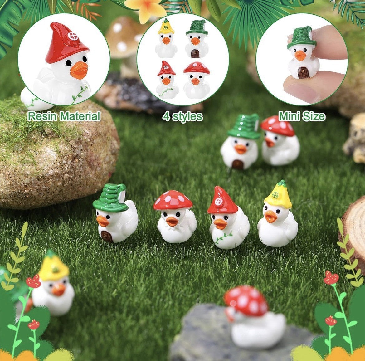 8pc Mini Mushroom Duck Set – Resin Fairy Garden Ducks