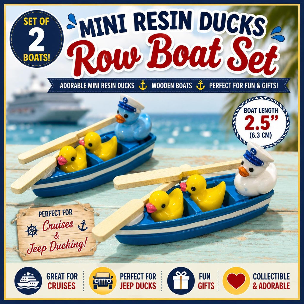 Mini Resin Duck Row Boat Set – Handmade Wooden Boat with Mini Duck Family, Cruise Duck Gift, Nautical Duck Decor, Jeep Duck Accessory, Cute