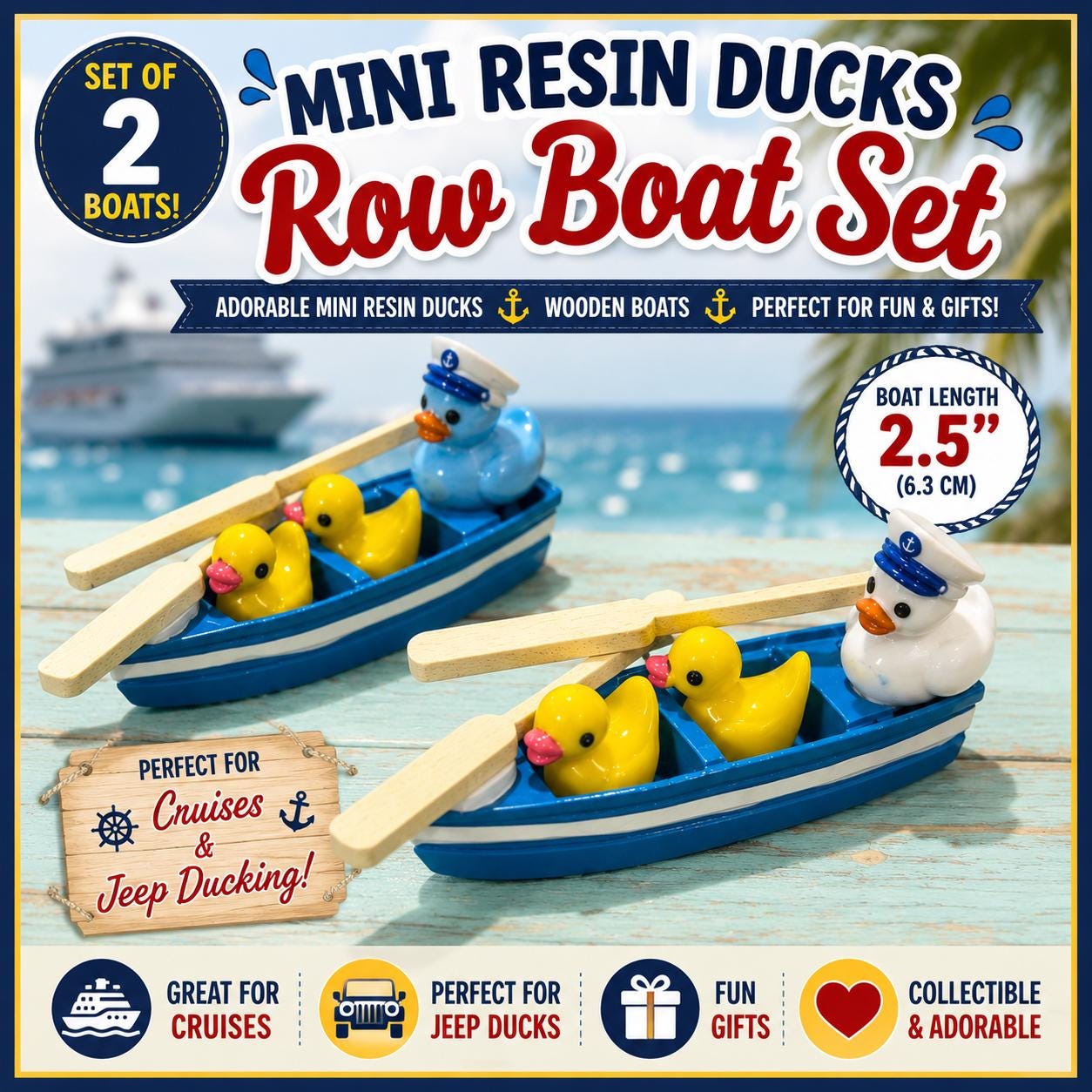 Mini Resin Duck Row Boat Set – Handmade Wooden Boat with Mini Duck Family, Cruise Duck Gift, Nautical Duck Decor, Jeep Duck Accessory, Cute