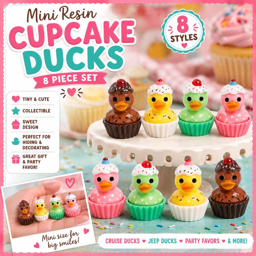 8 Mini Resin Cupcake Ducks – Sweet Dessert Duck Figurines, Collectible, Party Favors