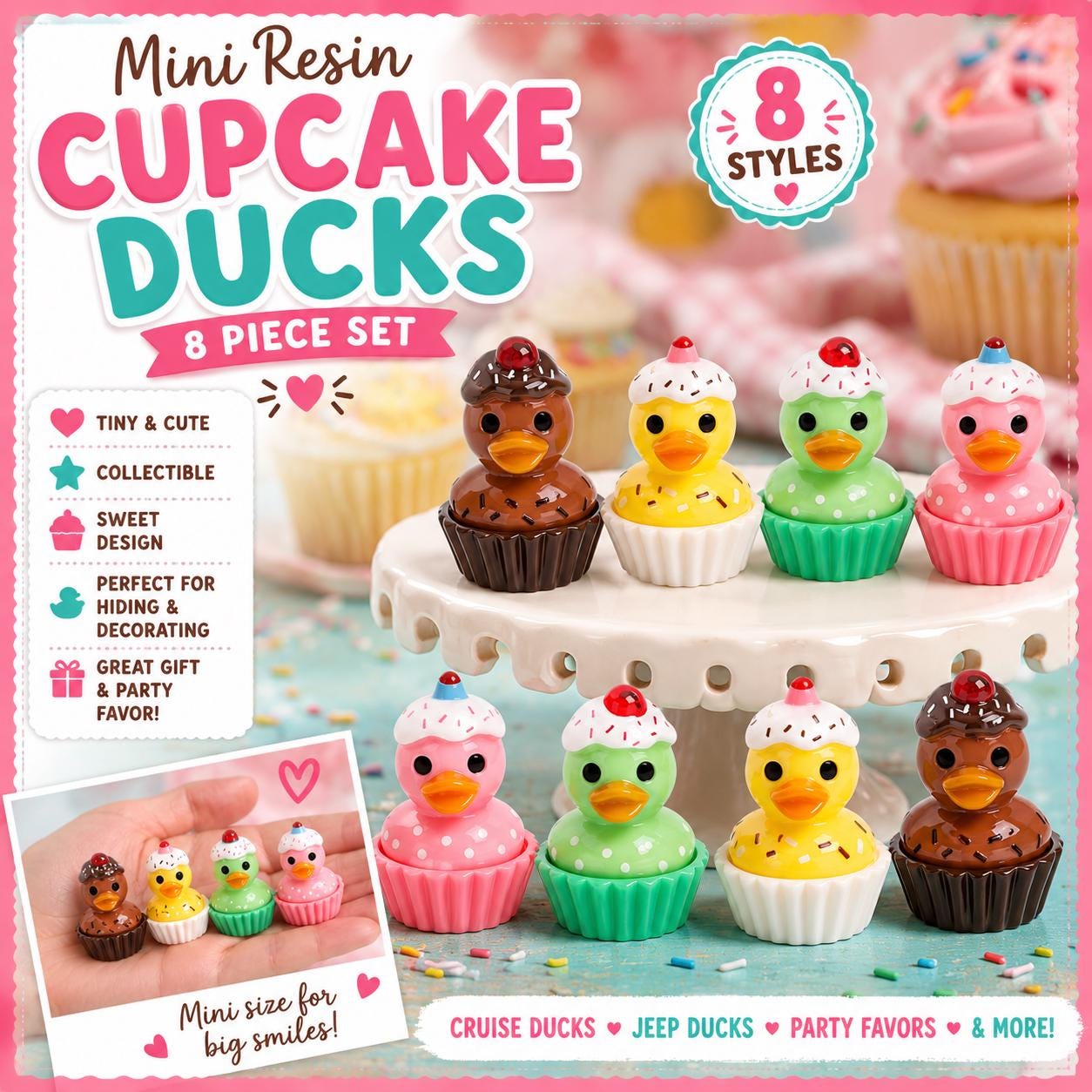 8 Mini Resin Cupcake Ducks – Sweet Dessert Duck Figurines, Collectible, Party Favors