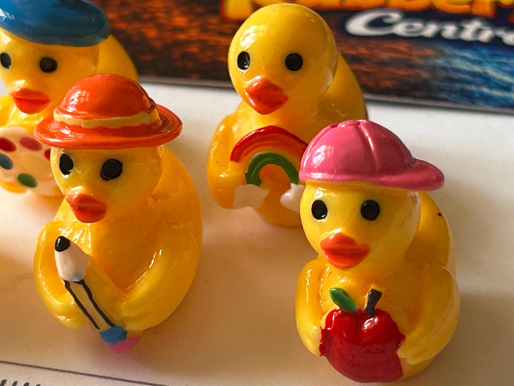 Set of 5, School Time and Teachers Themed Mini Resin Ducks, Magnetic or Non-Magnetic, Optional Personalized Duck Hiding Tags