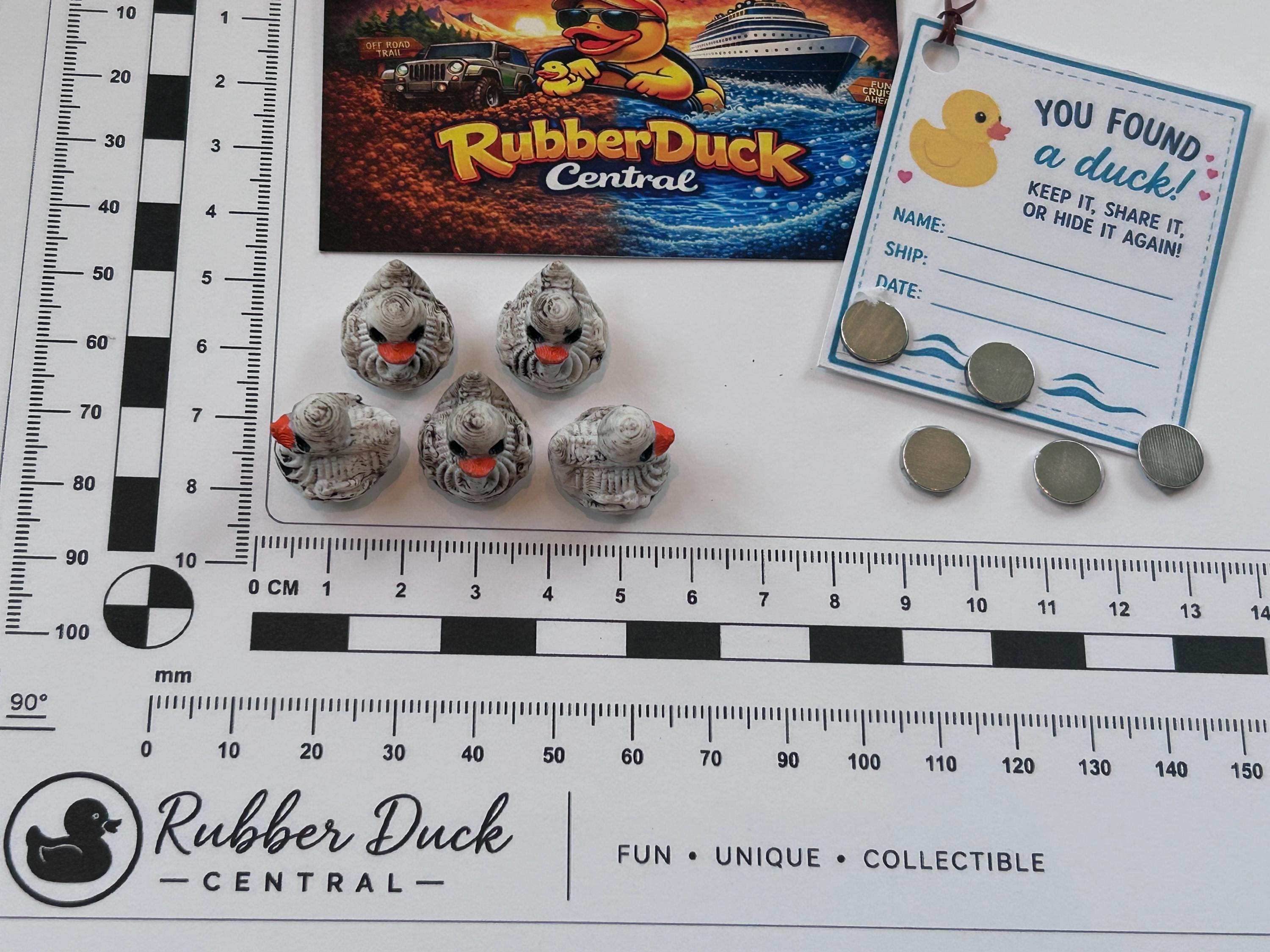Set of 5, Spooky Halloween Skeleton Themed Mini 3D Printed Ducks, Magnetic or Non-Magnetic, Optional Personalized Duck Hiding Tags