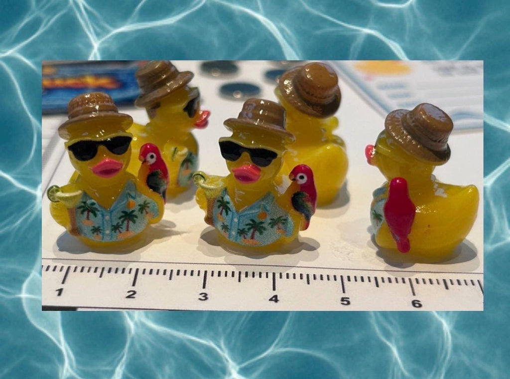 Set of 5, Tropical with Parrot Themed Mini Resin Ducks, Magnetic or Non-Magnetic, Optional Personalized Duck Hiding Tags