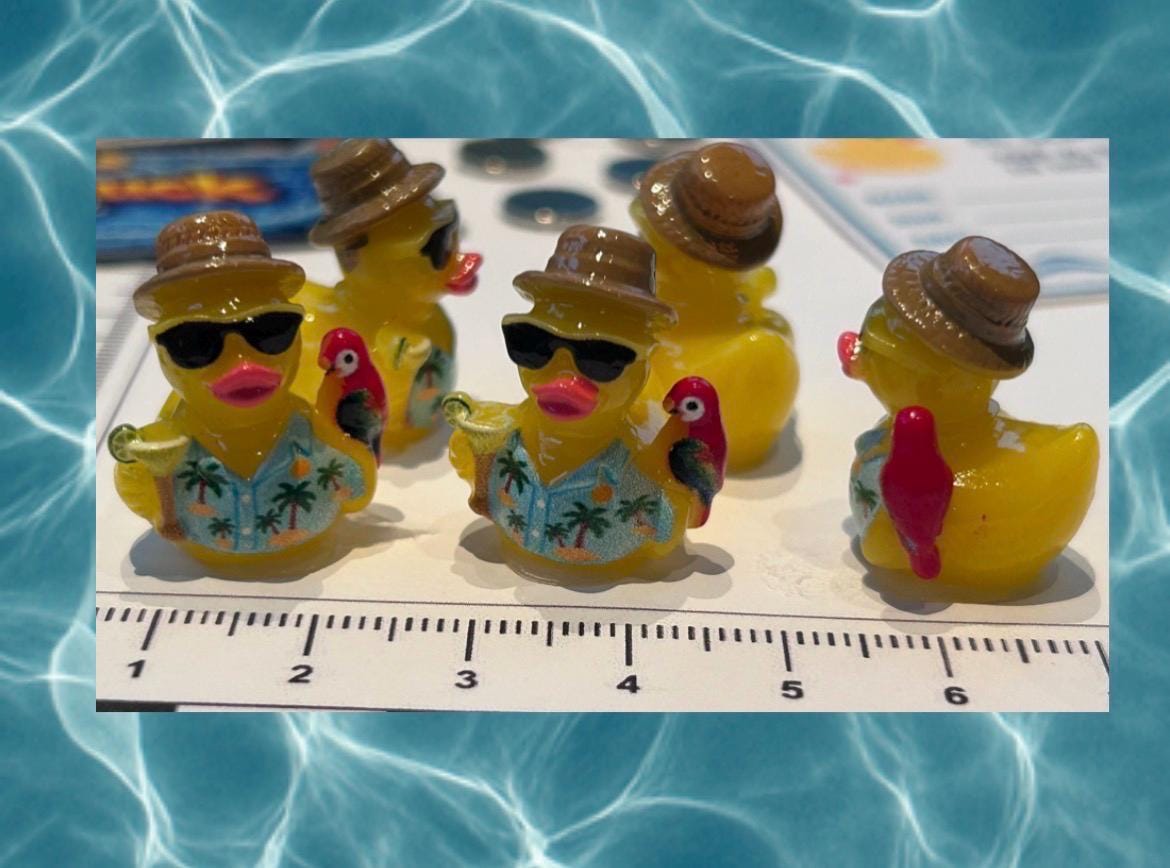 Set of 5, Tropical with Parrot Themed Mini Resin Ducks, Magnetic or Non-Magnetic, Optional Personalized Duck Hiding Tags