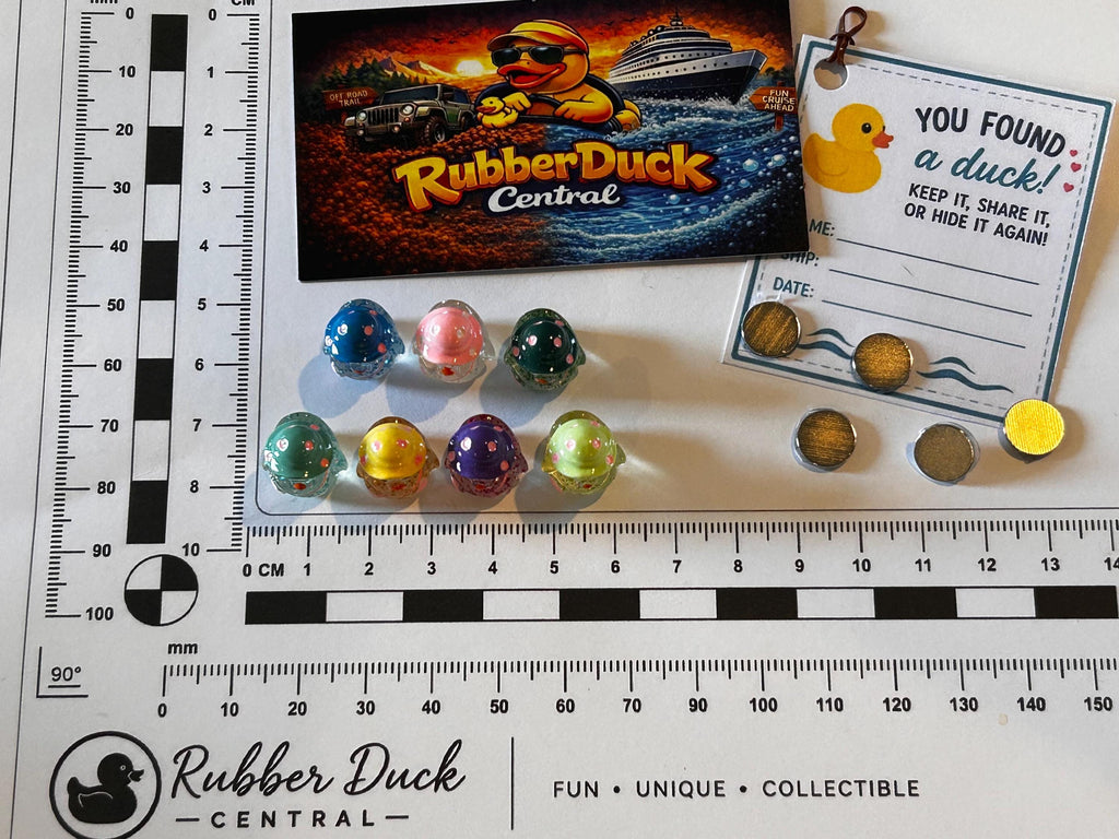 Set of 7, Glitter and Polkadot Themed Mini Resin Ducks, Magnetic or Non-Magnetic, Optional Personalized Duck Hiding Tags