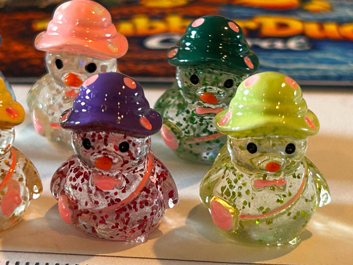 Set of 7, Glitter and Polkadot Themed Mini Resin Ducks, Magnetic or Non-Magnetic, Optional Personalized Duck Hiding Tags