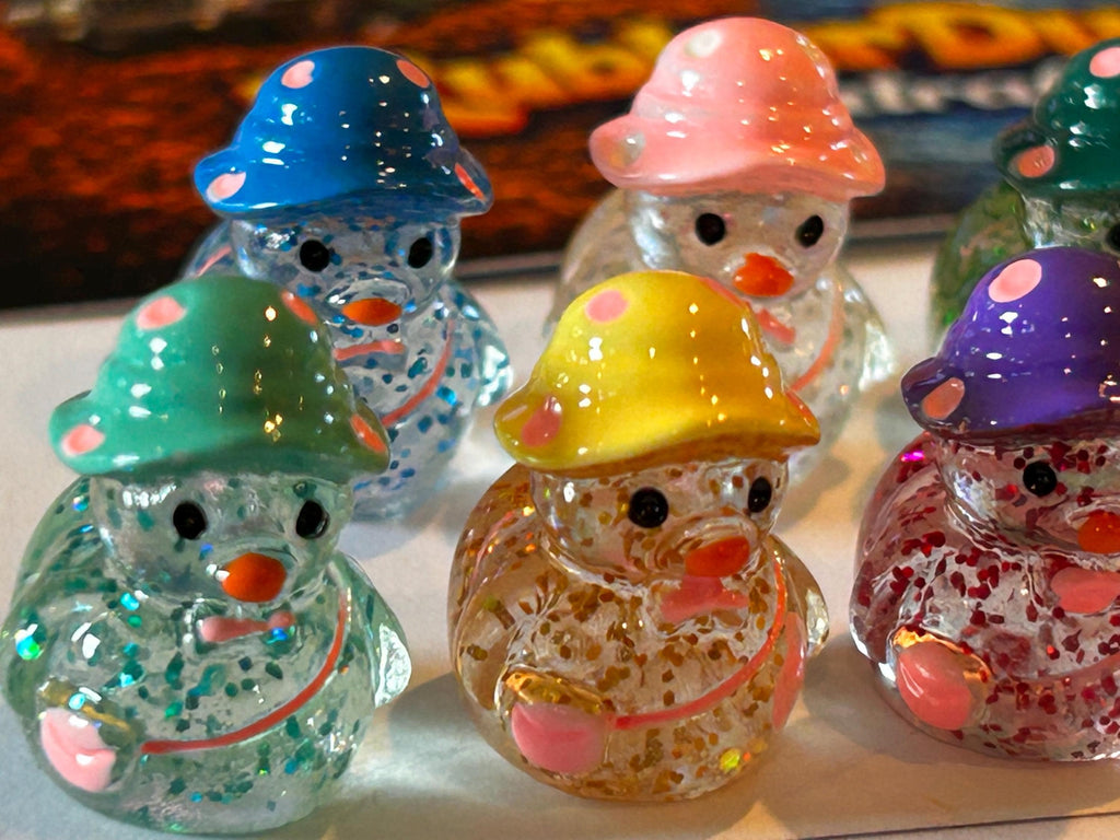Set of 7, Glitter and Polkadot Themed Mini Resin Ducks, Magnetic or Non-Magnetic, Optional Personalized Duck Hiding Tags