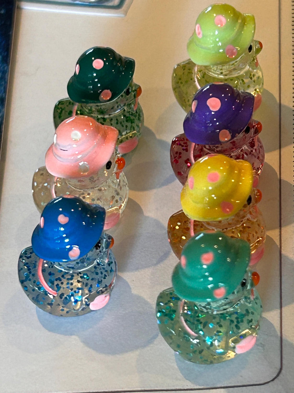 Set of 7, Glitter and Polkadot Themed Mini Resin Ducks, Magnetic or Non-Magnetic, Optional Personalized Duck Hiding Tags