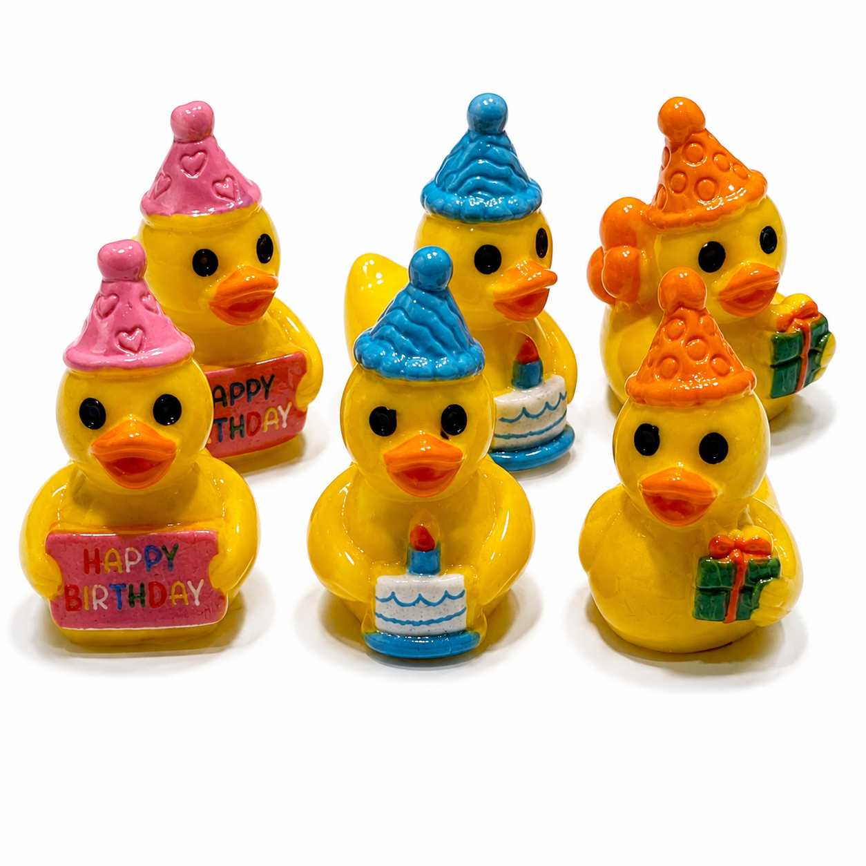Set of 6, Happy Birthday Themed Mini Resin Ducks, Magnetic or Non-Magnetic, Optional Personalized Duck Hiding Tags