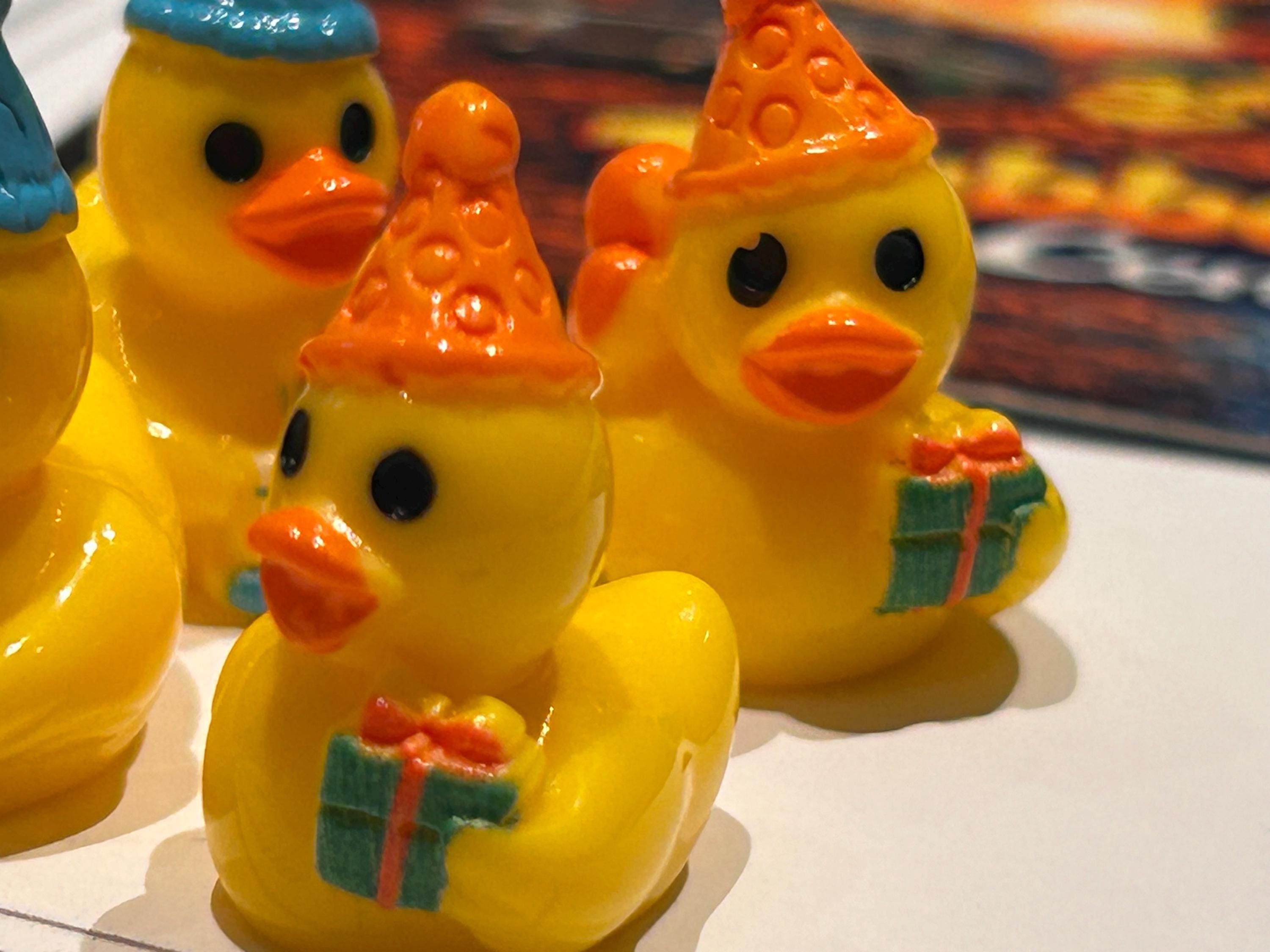 Set of 6, Happy Birthday Themed Mini Resin Ducks, Magnetic or Non-Magnetic, Optional Personalized Duck Hiding Tags