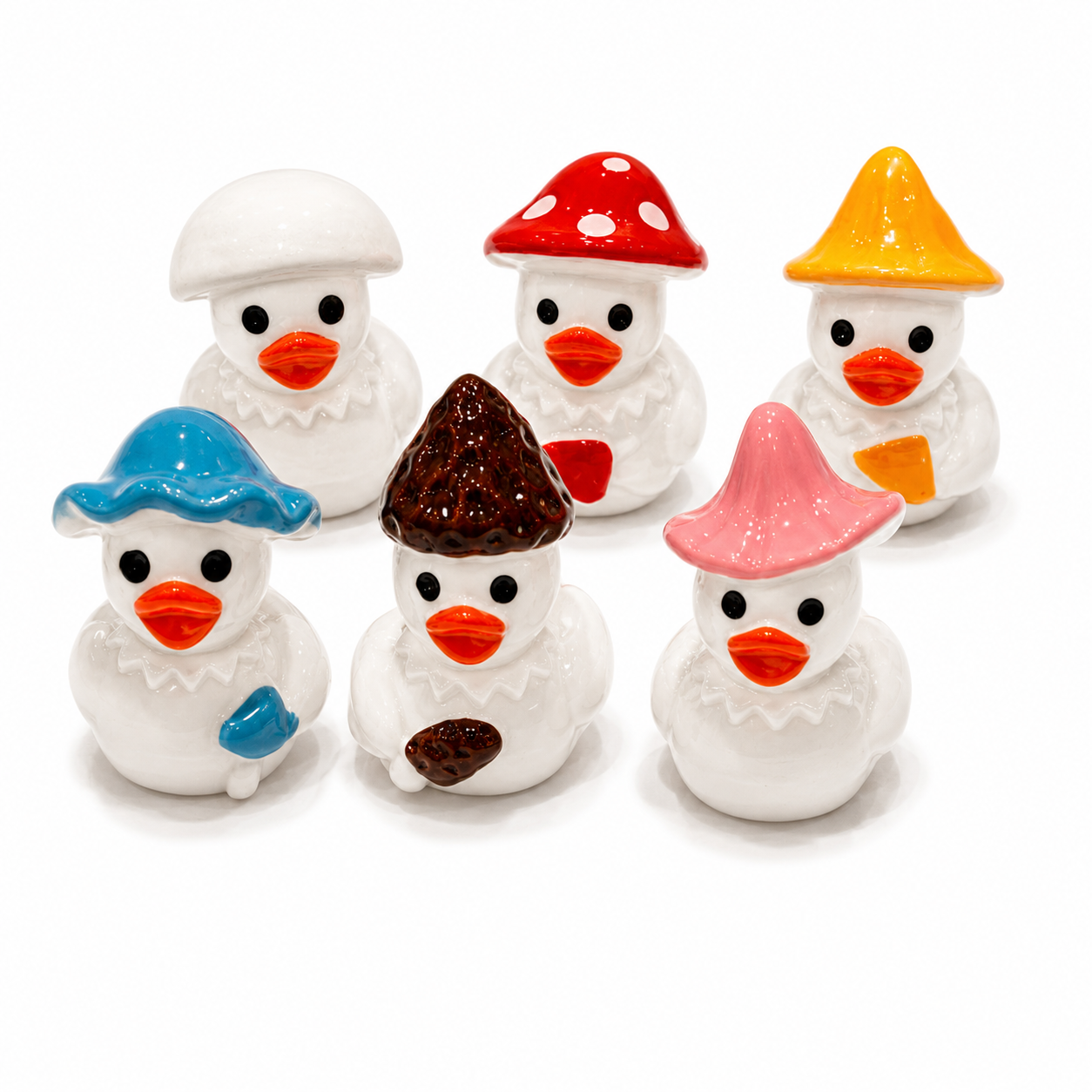 Set of 6, White Mushroom Themed Mini Resin Ducks, Magnetic or Non-Magnetic, Optional Personalized Duck Hiding Tags