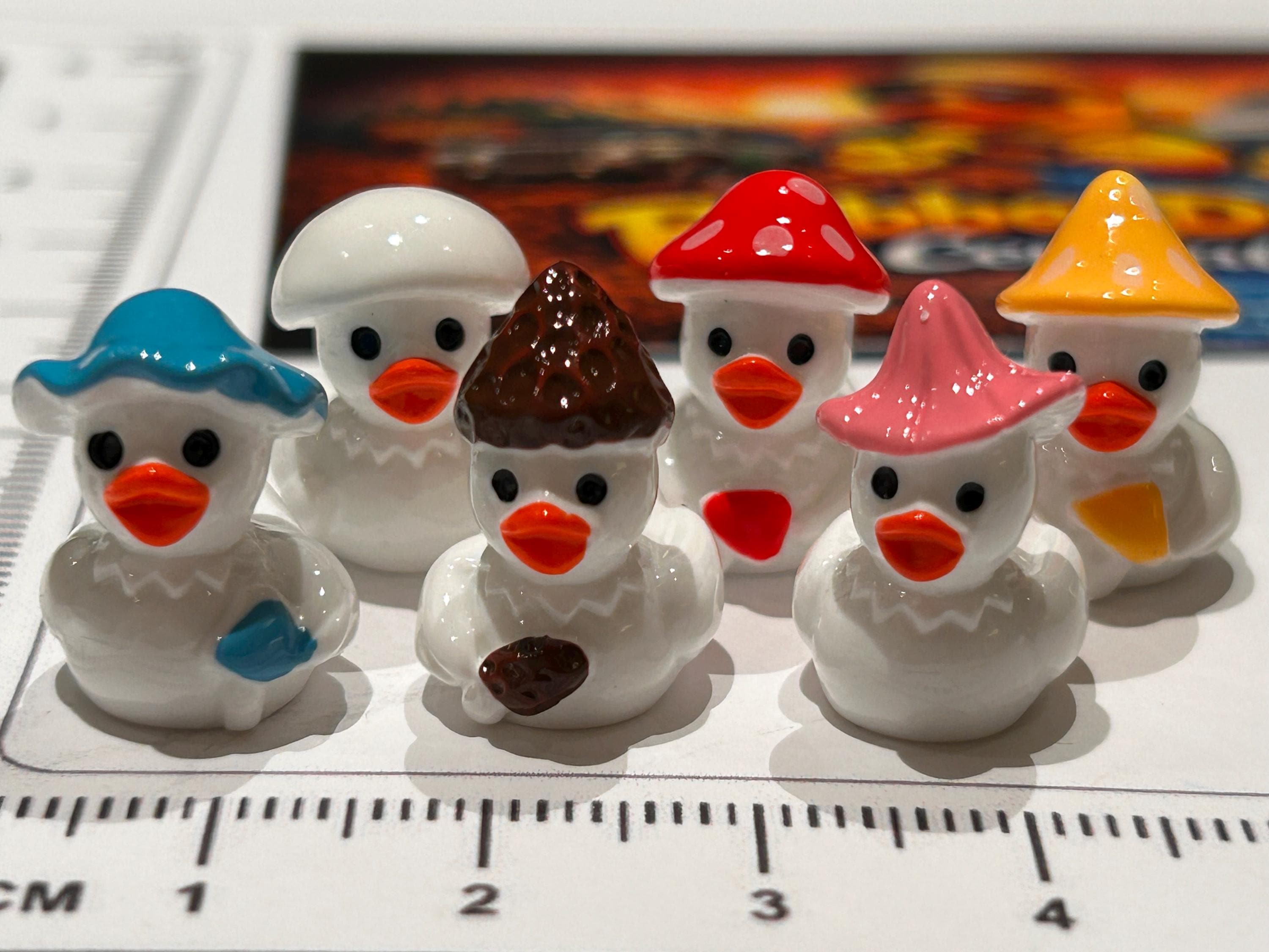 Set of 6, White Mushroom Themed Mini Resin Ducks, Magnetic or Non-Magnetic, Optional Personalized Duck Hiding Tags