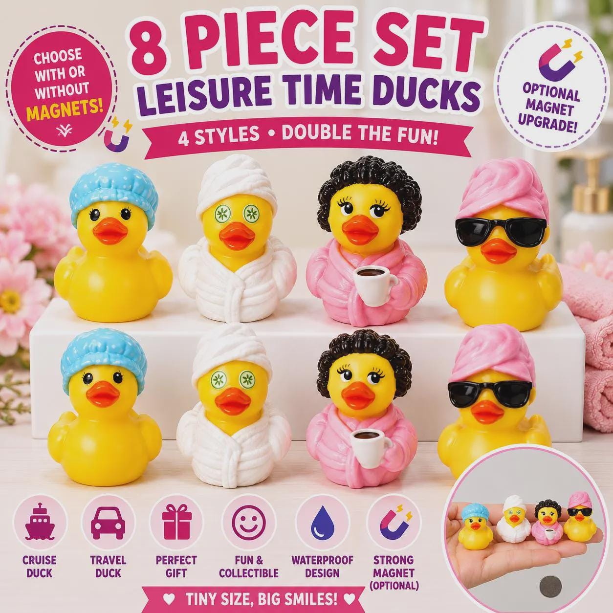 Set of 8, Spa Day Themed Mini Resin Ducks, Magnetic or Non-Magnetic, Optional Personalized Duck Hiding Tags
