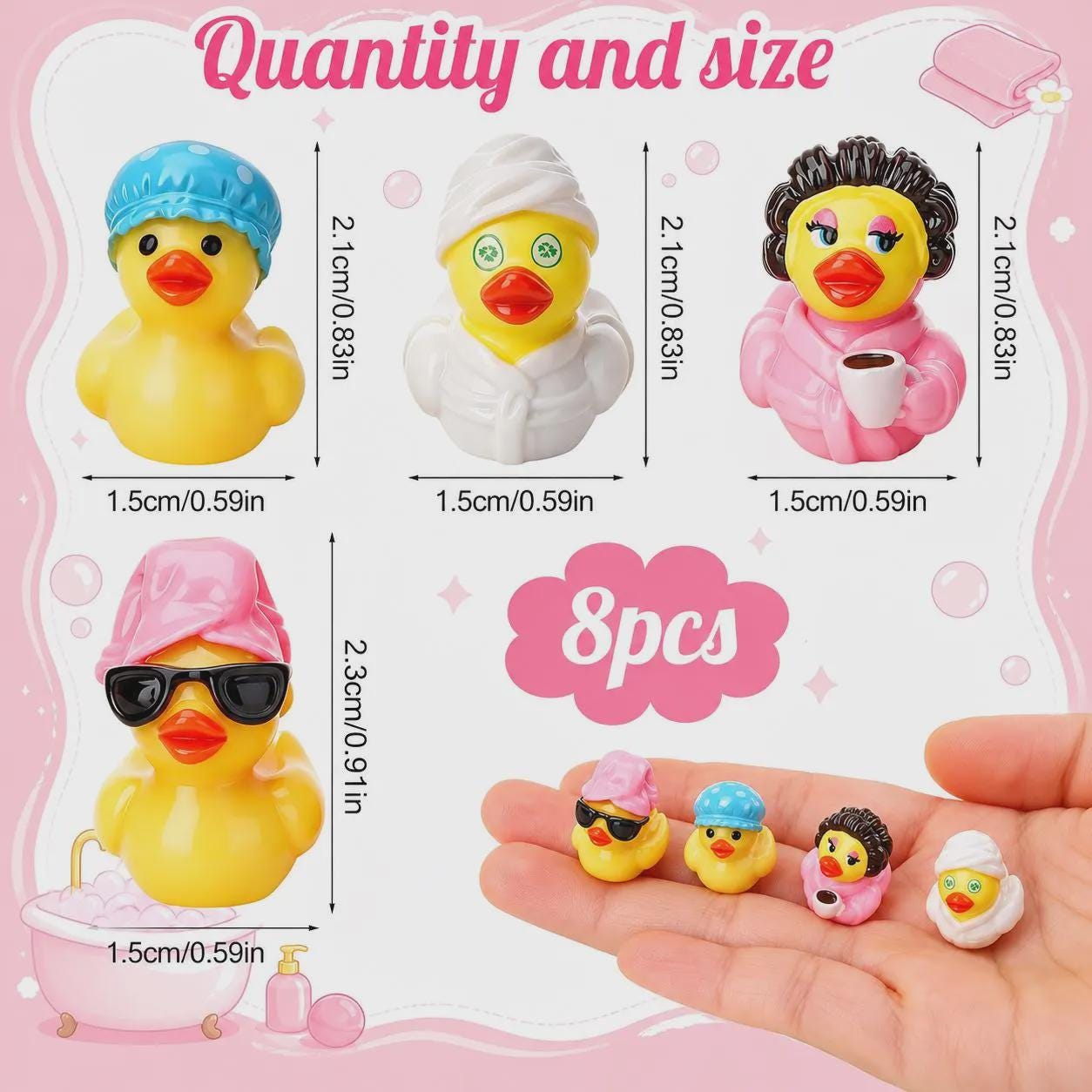 Set of 8, Spa Day Themed Mini Resin Ducks, Magnetic or Non-Magnetic, Optional Personalized Duck Hiding Tags