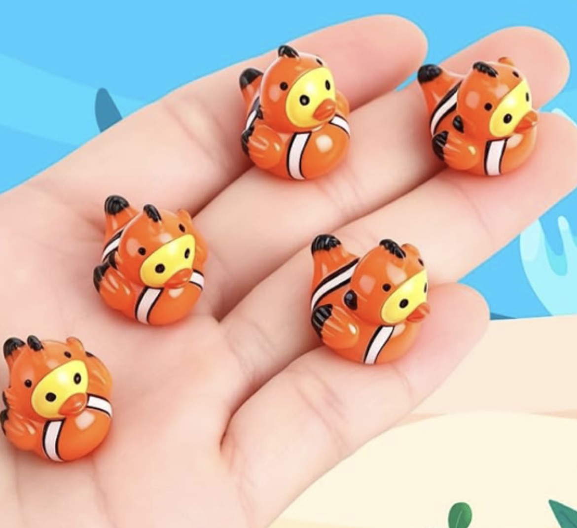 Set of 5, Clownfish Themed Mini Resin Ducks, Magnetic or Non-Magnetic, Optional Personalized Duck Hiding Tags