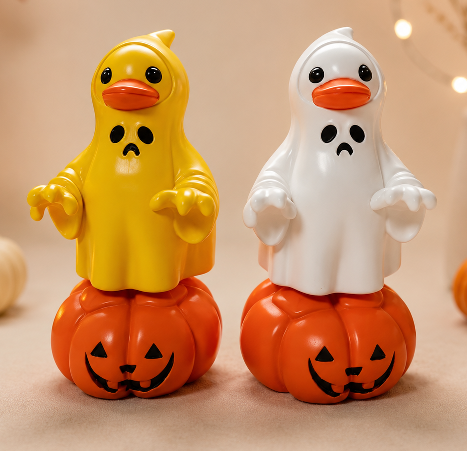 Hand Painted Halloween Ghost Duck on Pumpkin Figurine – Choose White or Yellow – Spooky Rubber Duck Decor – Fall Halloween Duck Collectible