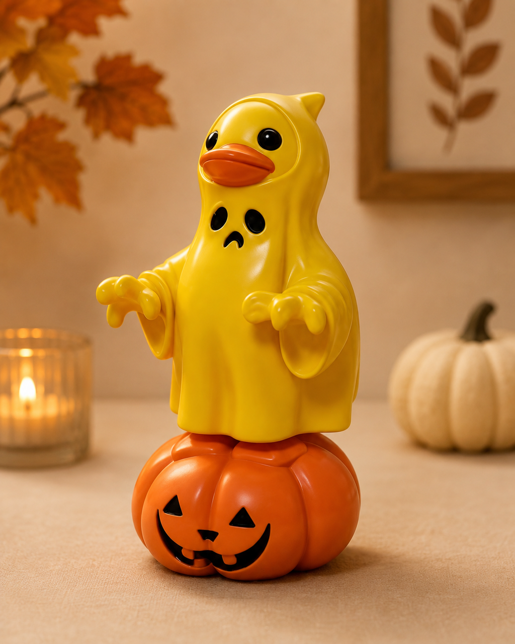 Hand Painted Halloween Ghost Duck on Pumpkin Figurine – Choose White or Yellow – Spooky Rubber Duck Decor – Fall Halloween Duck Collectible